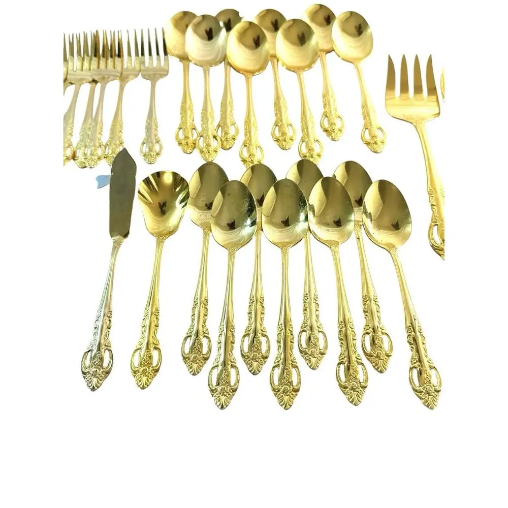 Vintage 44 Pc 24K Gold Plated Korea Flatware Set Ornate Rose Pierced